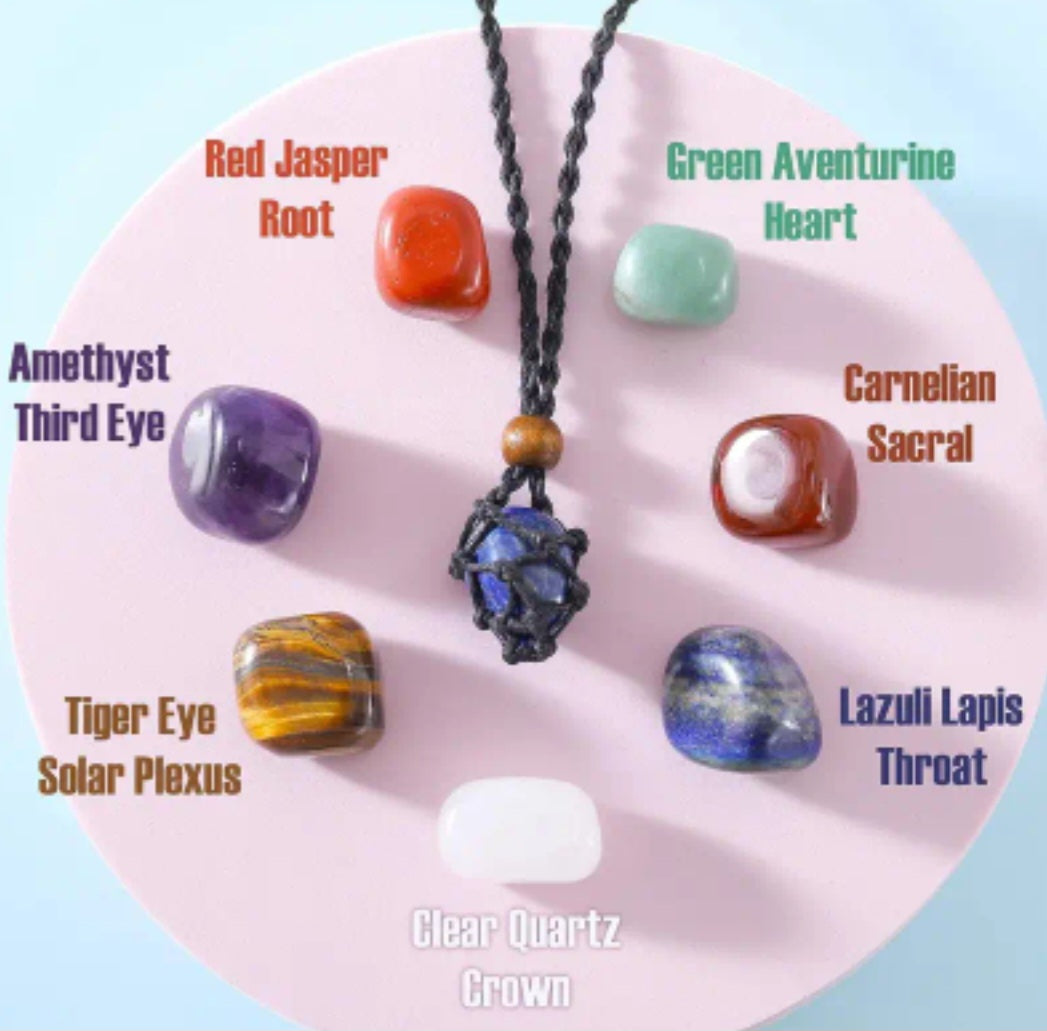 7pcs Chakra Healing Crystal Necklace Set, w/ Weave Rope Holder