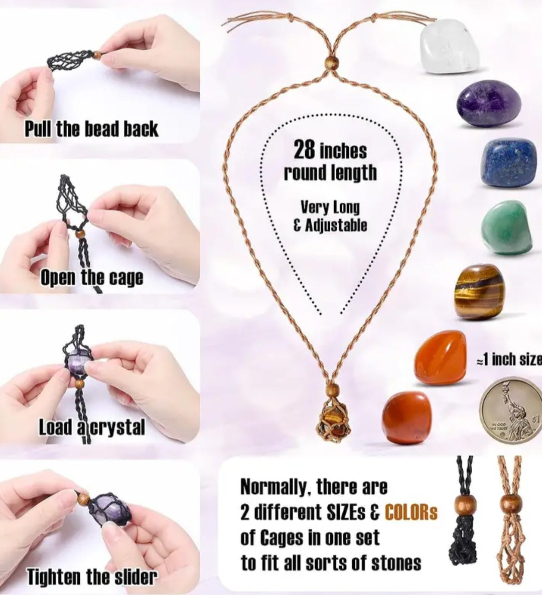 7pcs Chakra Healing Crystal Necklace Set, w/ Weave Rope Holder
