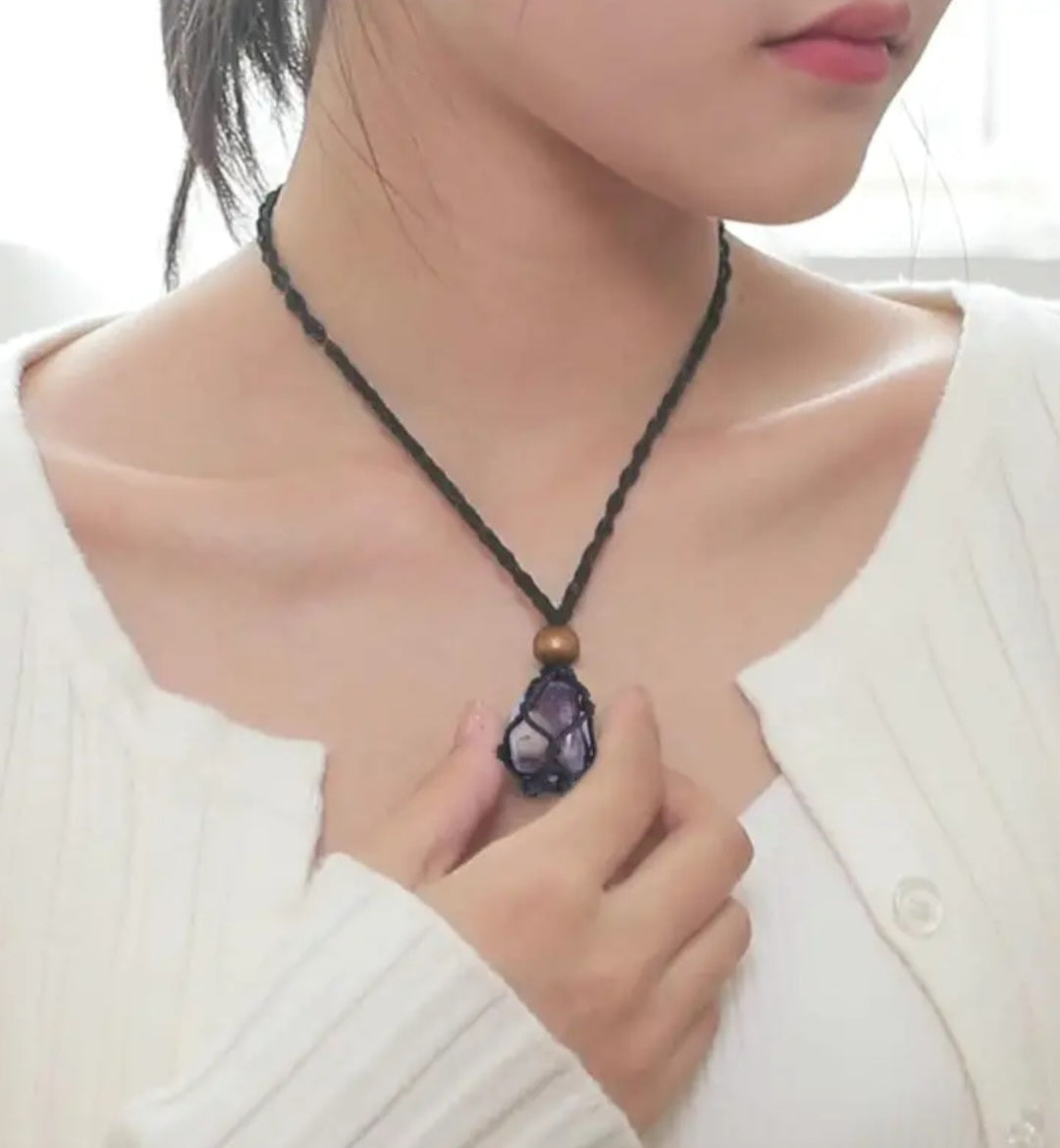 7pcs Chakra Healing Crystal Necklace Set, w/ Weave Rope Holder