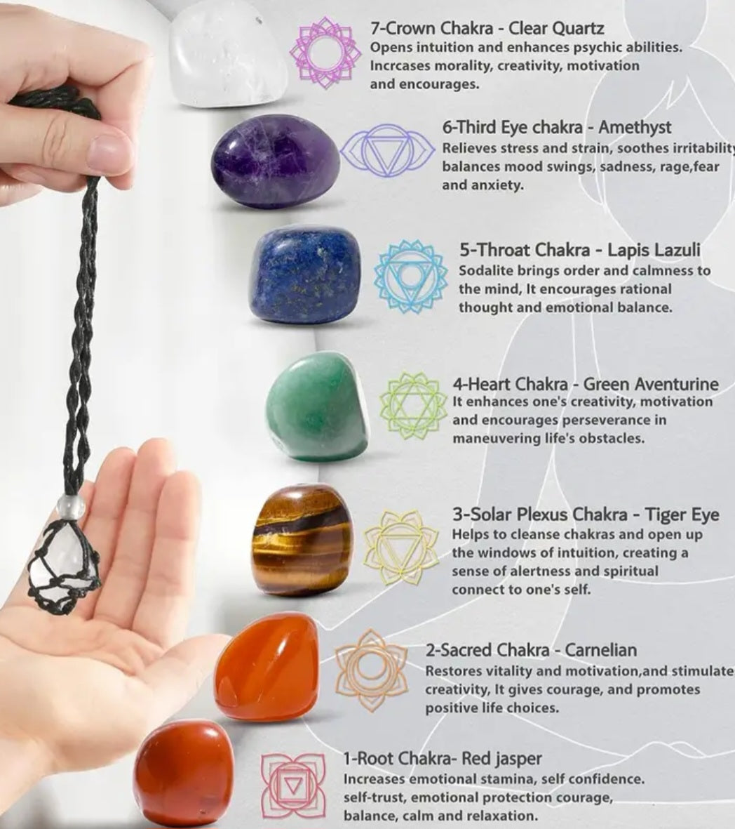 7pcs Chakra Healing Crystal Necklace Set, w/ Weave Rope Holder