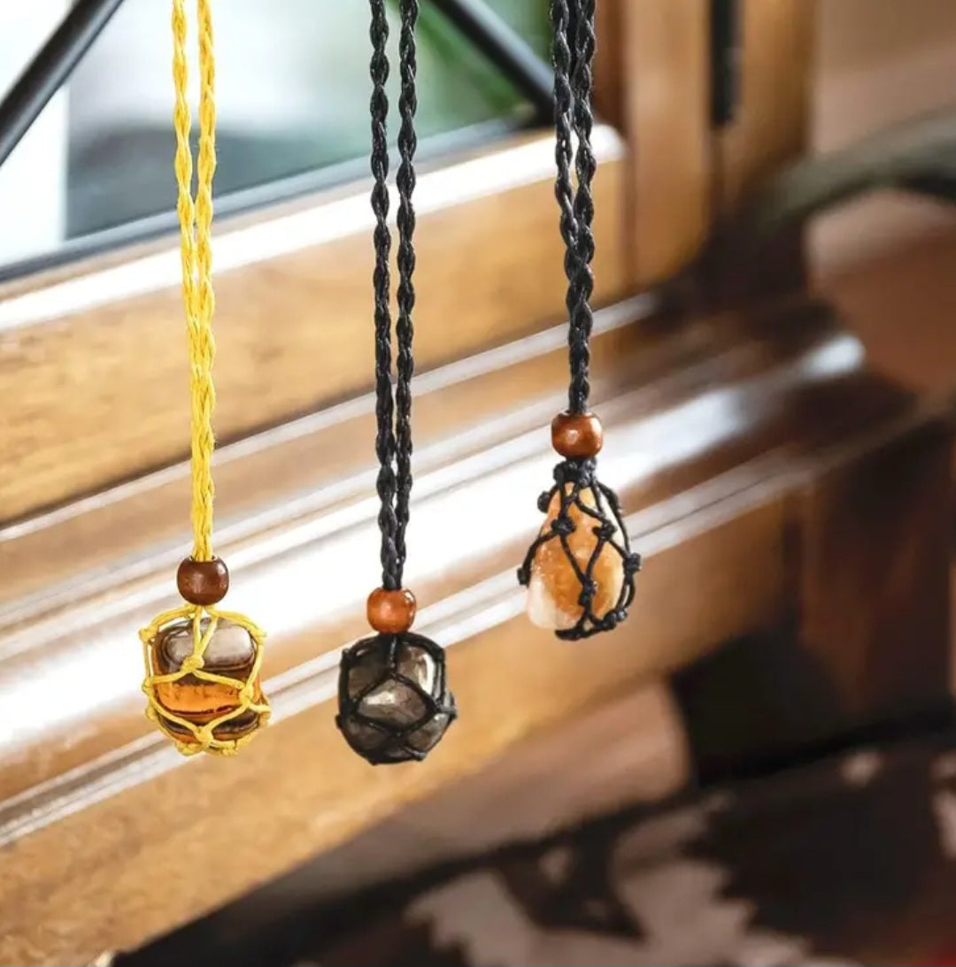 7pcs Chakra Healing Crystal Necklace Set, w/ Weave Rope Holder