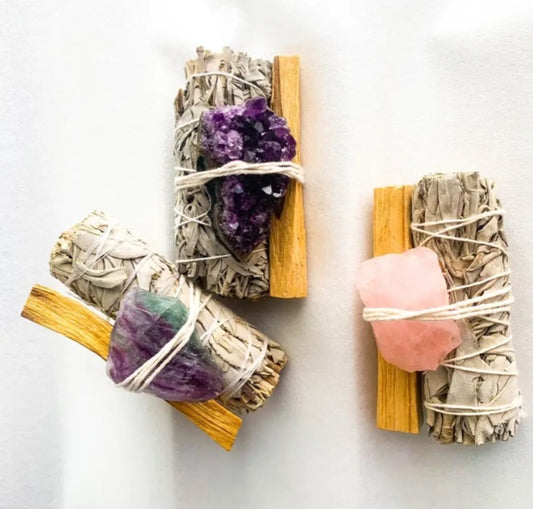 1pcs Natural Crystal Cluster w/ White Sage & Peruvian Palo Santo Smudging Wood