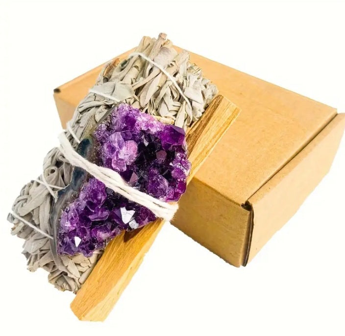 1pcs Natural Crystal Cluster w/ White Sage & Peruvian Palo Santo Smudging Wood