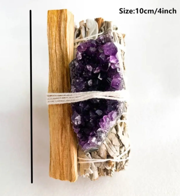 1pcs Natural Crystal Cluster w/ White Sage & Peruvian Palo Santo Smudging Wood