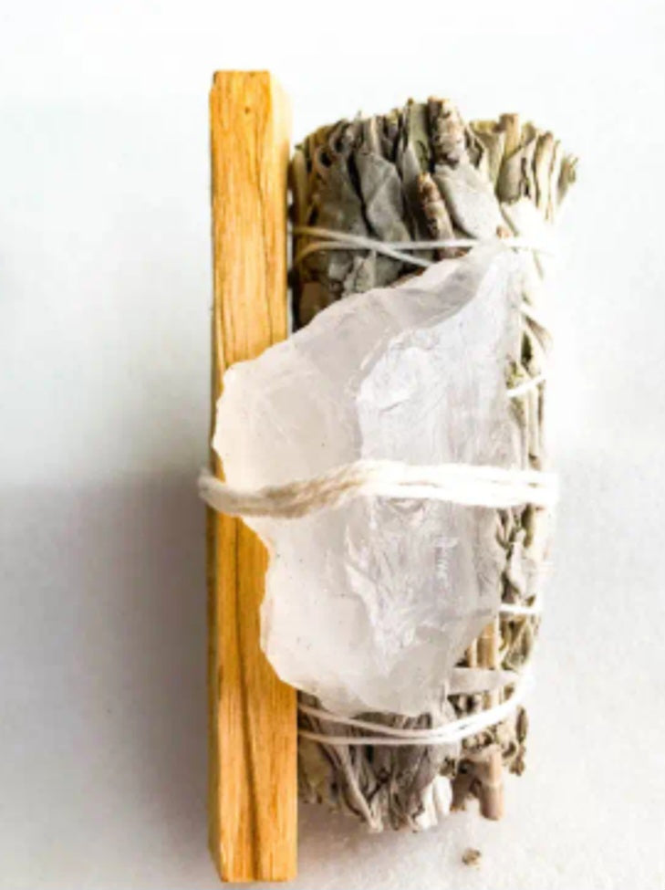 1pcs Natural Crystal Cluster w/ White Sage & Peruvian Palo Santo Smudging Wood