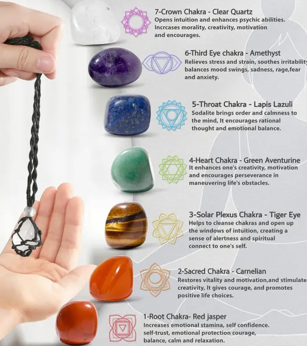 7 Chakra Healing Crystal Necklace Set, w/ Weave Rope Holder
