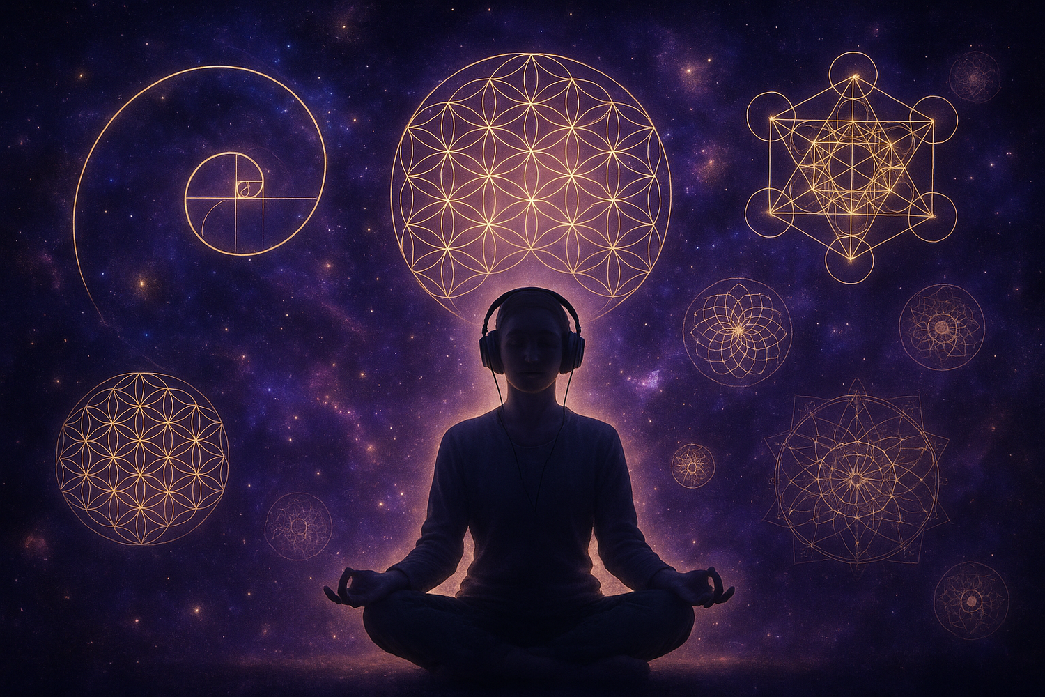 someone wearing headphones with sacred geometry universe background